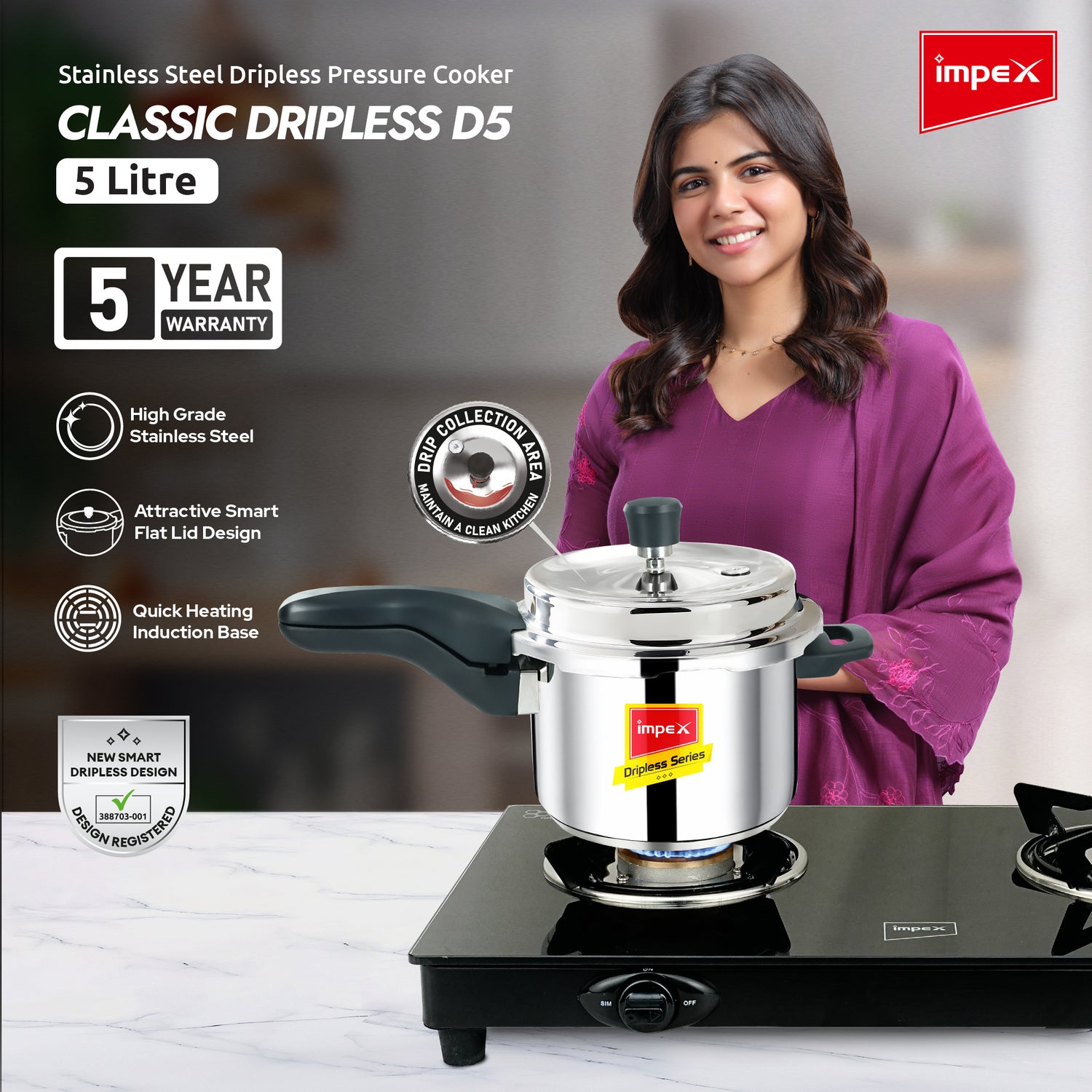 Impex CLASSIC DRIPLESS D5 Stainless Steel Pressure Cooker, 5 Litre, Induction Compatible, Dripless Lid, and 5-Year Warranty