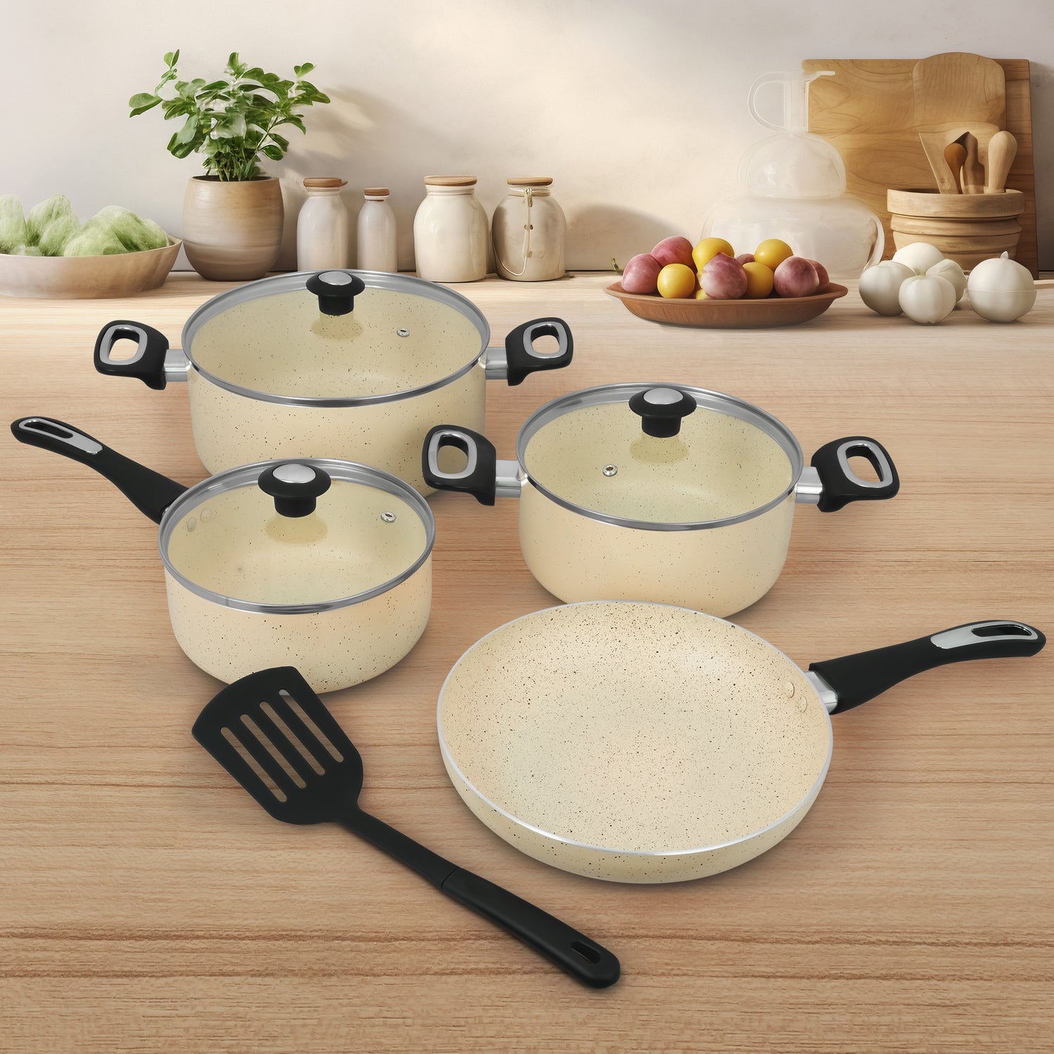 NCB 7108 Beige 8-Piece Granite Coated Nonstick Cookware Set with 5-Layer Super Tough Coating and Virgin Aluminum Body
