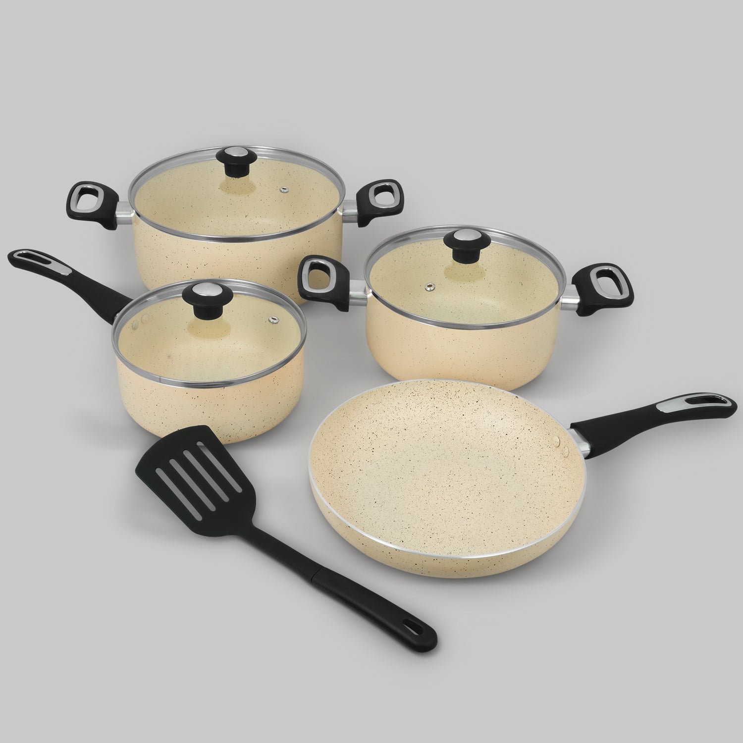 NCB 7108 Beige 8-Piece Granite Coated Nonstick Cookware Set with 5-Layer Super Tough Coating and Virgin Aluminum Body