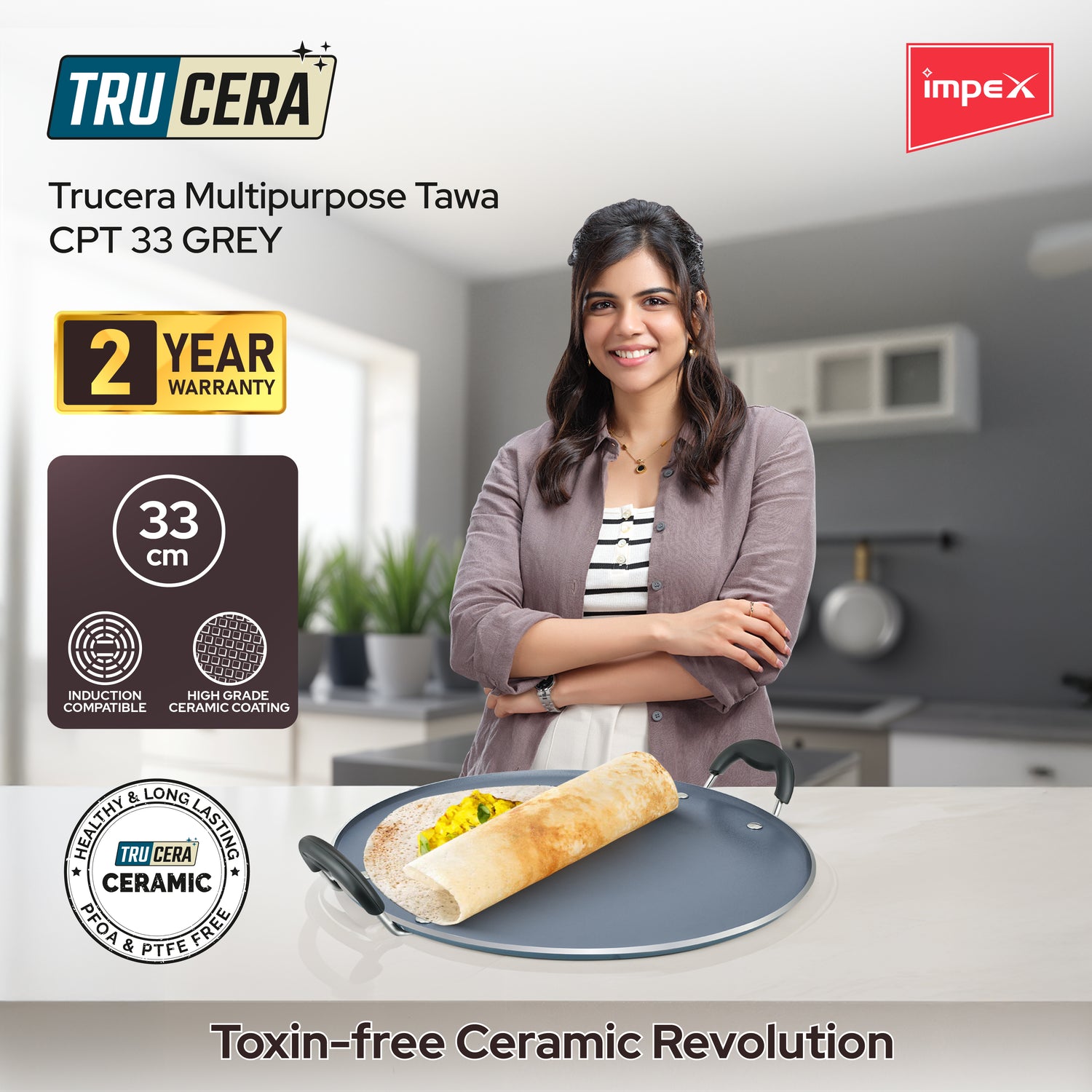 Impex CPT 33G TRUCERA Multipurpose Tawa 33 cm with Ceramic Non-Stick Coating, Induction Base, and 2-Year Warranty