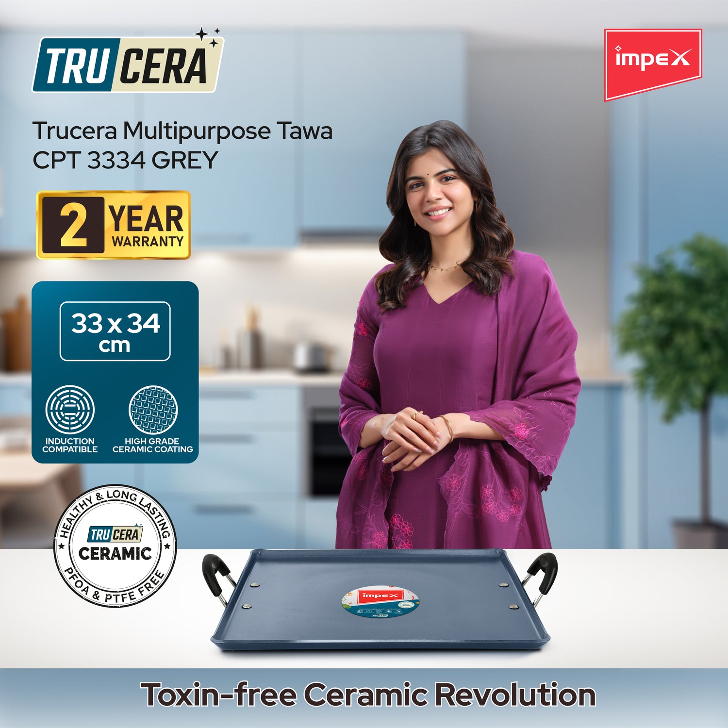 Impex CPT 3334G TRUCERA Multipurpose Tawa 33x34 cm with Ceramic Non-Stick Coating, Induction Base, and 2-Year Warranty