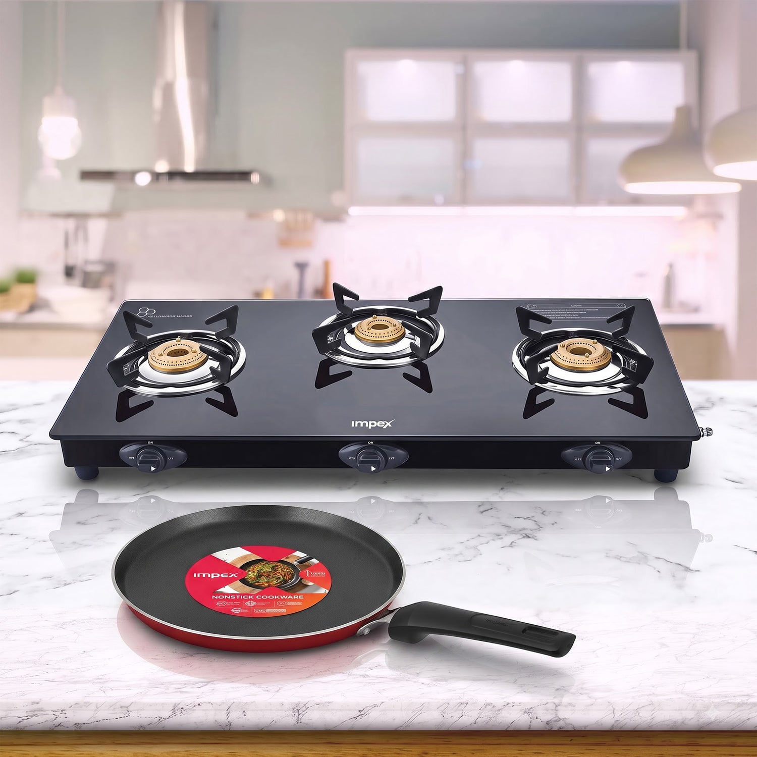 Hot Deal Combo - 3 Burner Glass Top Gas Stove + Non Stick Pan