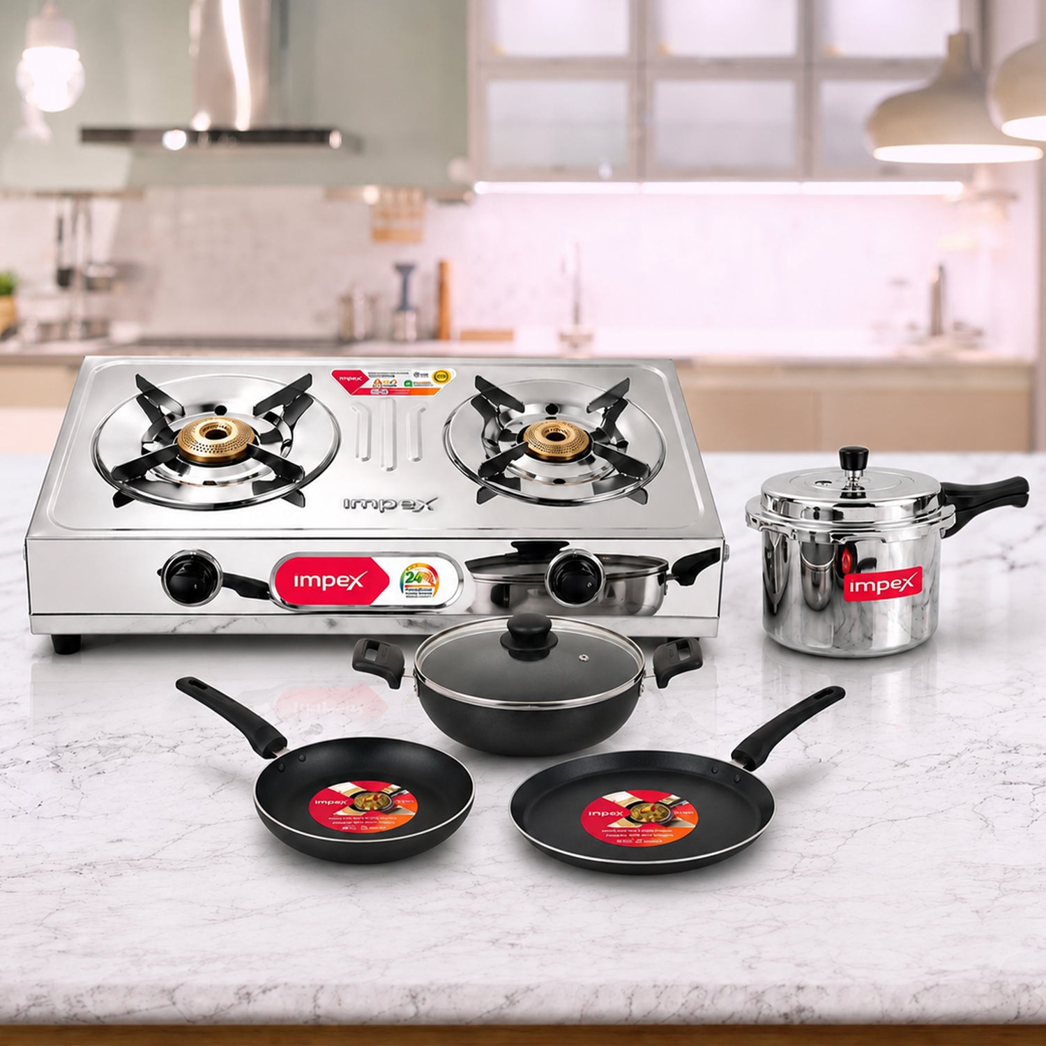 Super Saver Combo - 2 Burner Gas Stove + 3L Pressure Cooker + 4 Piece Non Stick Cookware Set