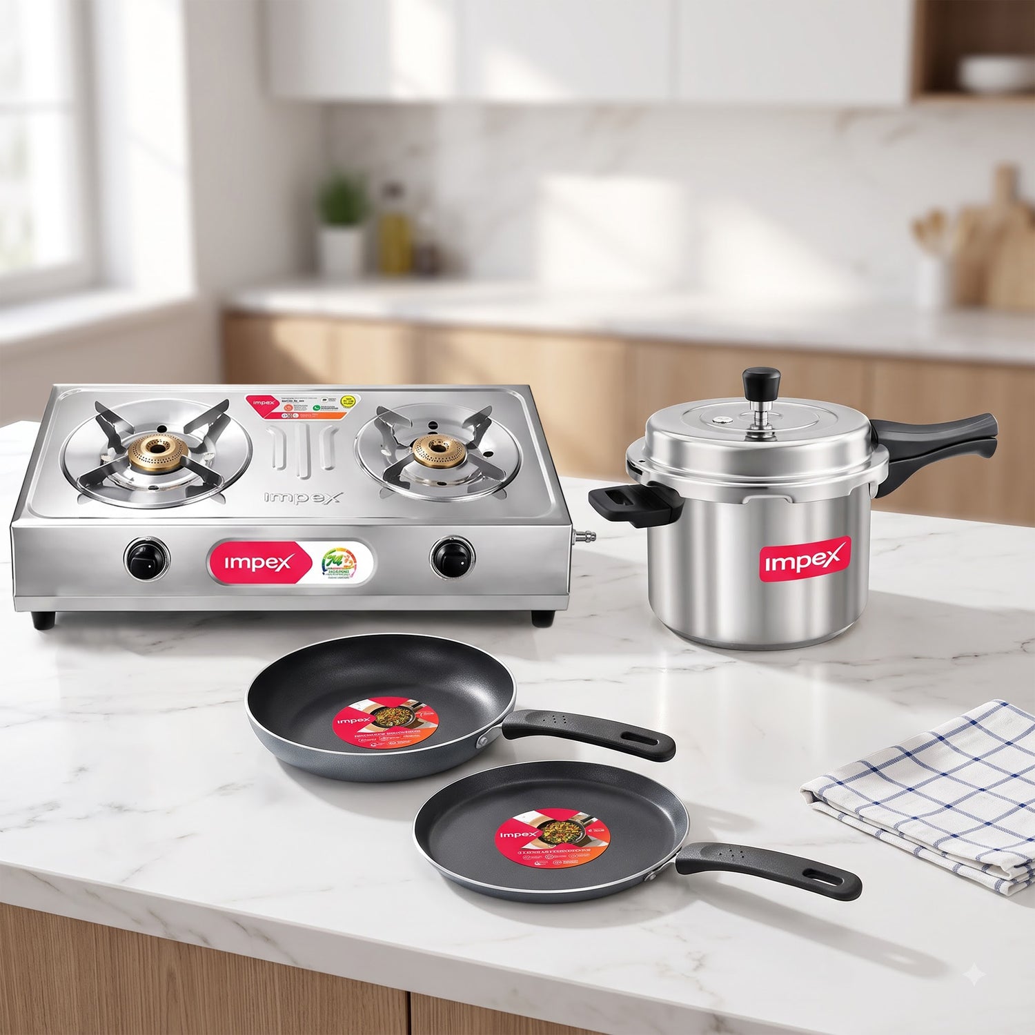 Super Saver Combo - 2 Burner Gas Stove + 5L Pressure Cooker + Non stick Fry pan and Tawa