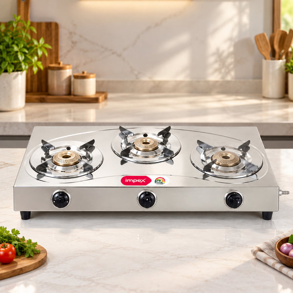 EFFICIO 3B LERC Stainless Steel 3 Burner Gas Stove | 74% Thermal Efficiency | High-Grade SS Body | 5-Year Warranty