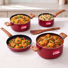 EON Forged 8 Pcs Set NCB Nonstick Cookware Set (Whine Red) | Granite Coating | Gas & Induction Compatible | Wooden Handles | Wine Red | 1 Year Warranty
