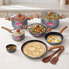 EON Forged 13 pcs Nonstick Cookware Set FKTSM | Granite Coating | Gas & Induction Compatible | Wooden Handles | 1 Year Warranty