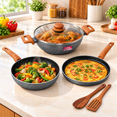 EON Forged KTF 464 Nonstick Cookware Set (Grey Hammertone) | 6 -Piece | Gas & Induction Compatible | Wooden Handles | 1 Year Warranty