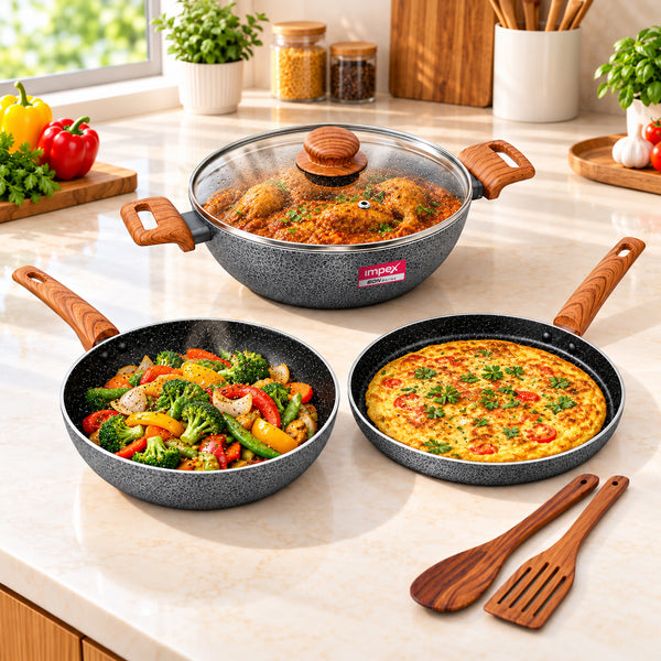 EON Forged KTF 464 Nonstick Cookware Set (Grey Hammertone) | 6 -Piece | Gas & Induction Compatible | Wooden Handles | 1 Year Warranty