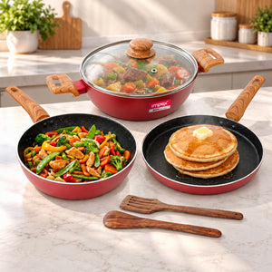 EON Forged 6-Piece Nonstick Cookware Set (Whine Red) |  KTF 464 | Gas & Induction Compatible | Wooden Finish Handles | 1 Year Warranty