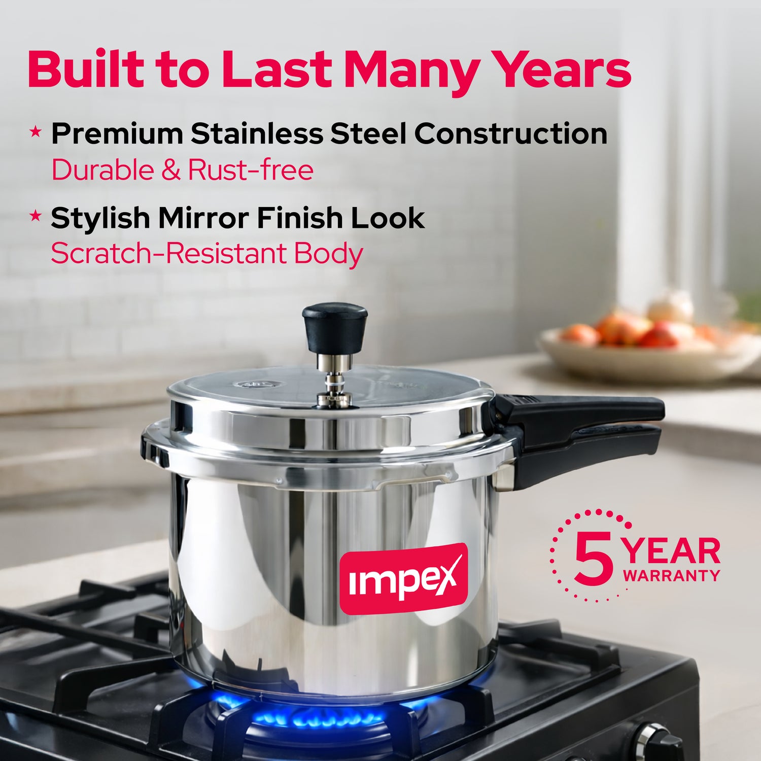 Impex EP5 5 Litre Tri-Ply  Stainless Steel Pressure Cooker | Sandwich Bottom| Gas & Induction Compatible, Durable & Safe Cooker