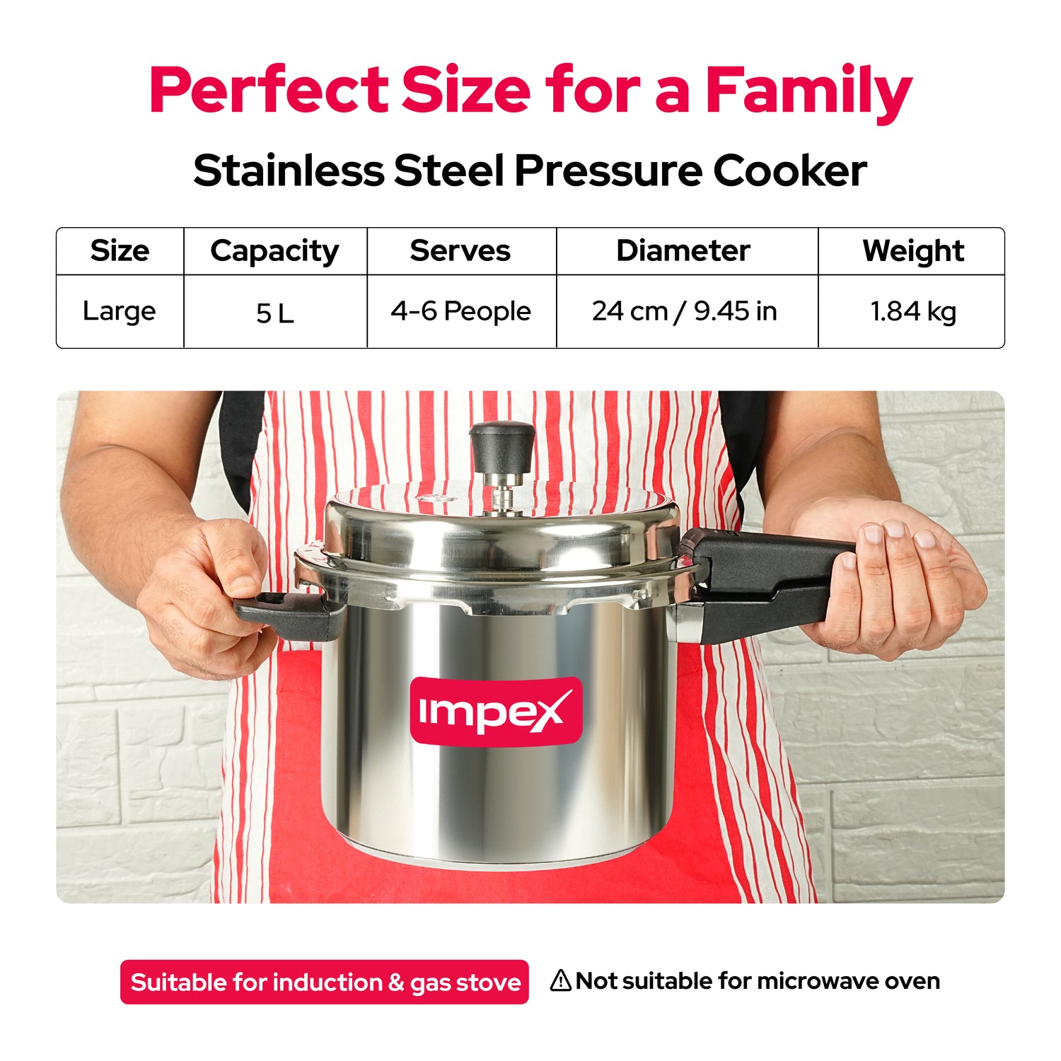 Impex EP5 Induction Base Stainless Steel Pressure Cooker, 5 litres, Silver