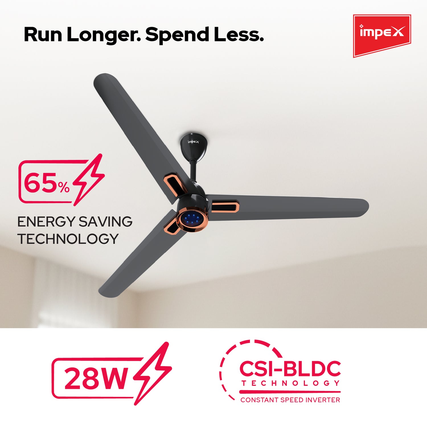 Impex ATOM GLOW SMOKE BROWN 1200 mm BLDC Ceiling Fan with Remote, 5-Star Rating and Smart Glow LED