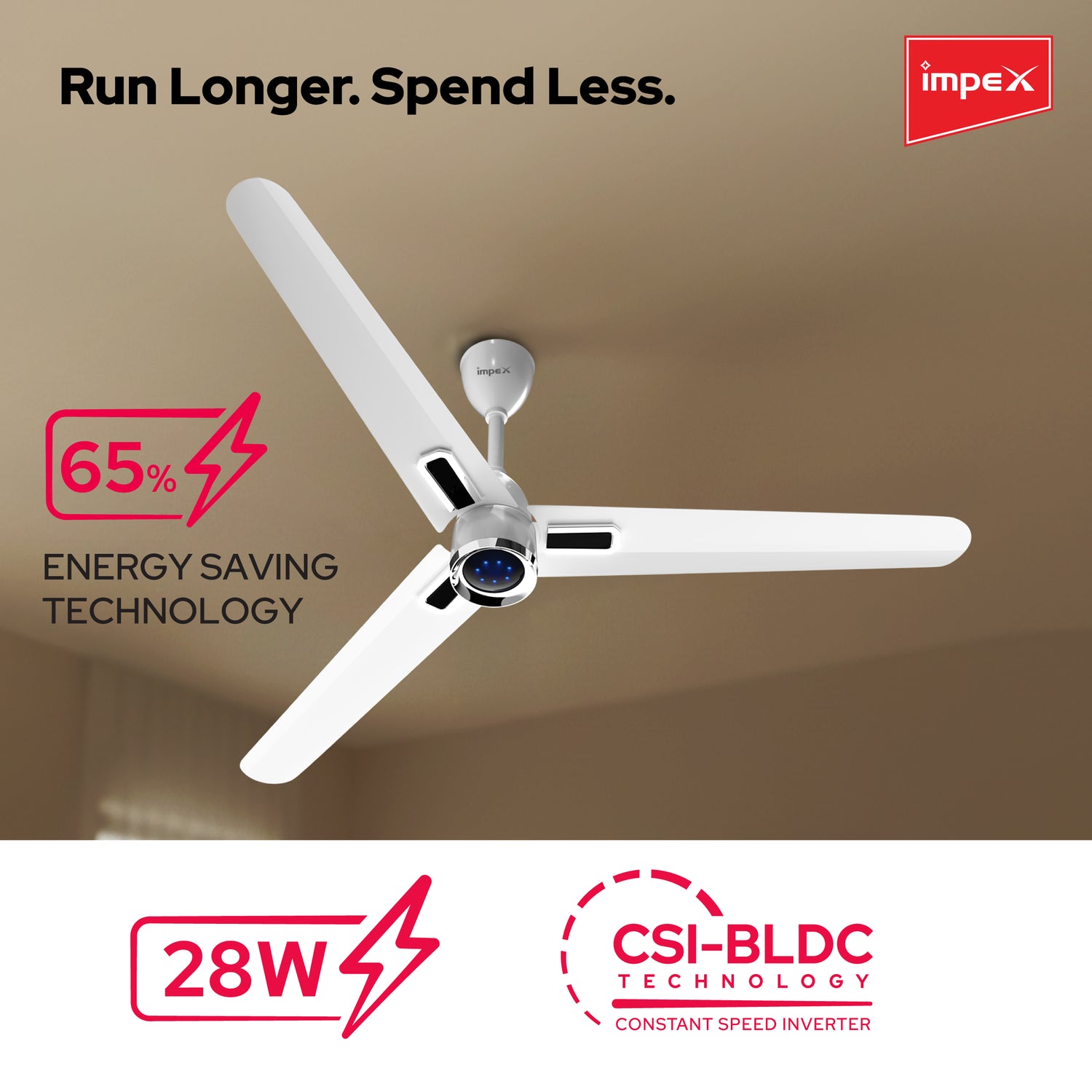 Impex ATOM GLOW WHITE 1200 mm BLDC Ceiling Fan with Remote, 5-Star Rating and Smart Glow LED