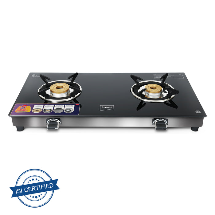 Impex FIERA 2B Glass Top Gas Stove with Open Brass Burners - Black