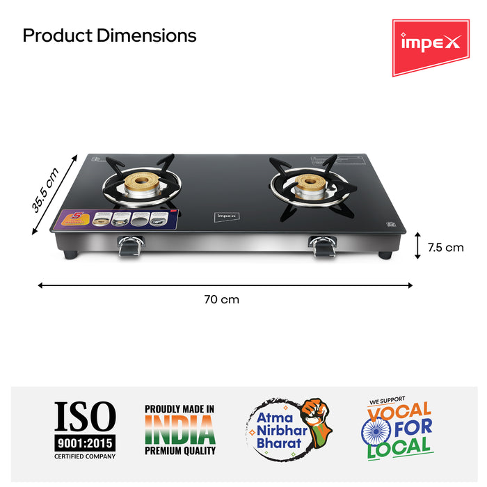 Impex FIERA 2B Glass Top Gas Stove with Open Brass Burners - Black