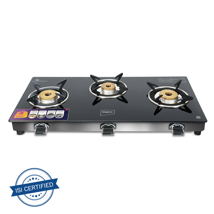 Impex FIERA 3B Glass Top Gas Stove with Open Brass Burners - Black