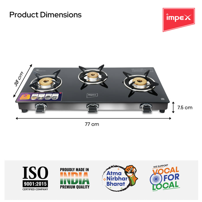 Impex FIERA 3B Glass Top Gas Stove with Open Brass Burners - Black