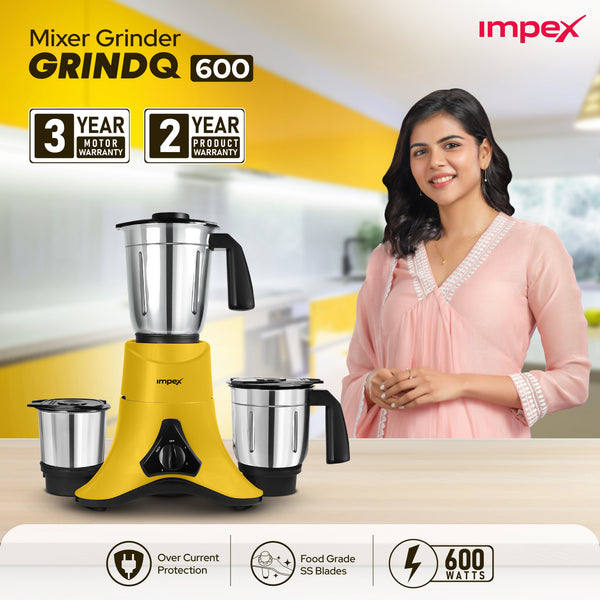 Grind Q 600 Mixer Grinder (Yellow, Black) | 3+2 Year Warranty | 600 W Mixer Grinder | 3 Jars