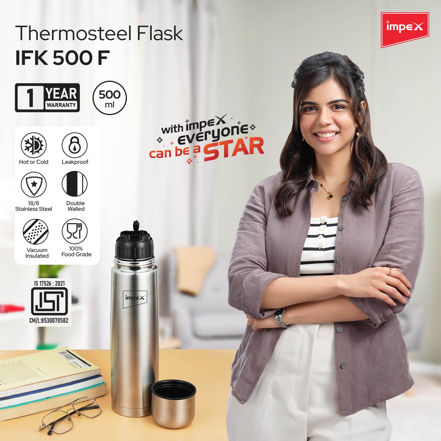 Impex IFK 500F Thermosteel Flask, 500 ml, Double Walled, Hot & Cold Compatible, with Flip Lid and 1-Year Warranty
