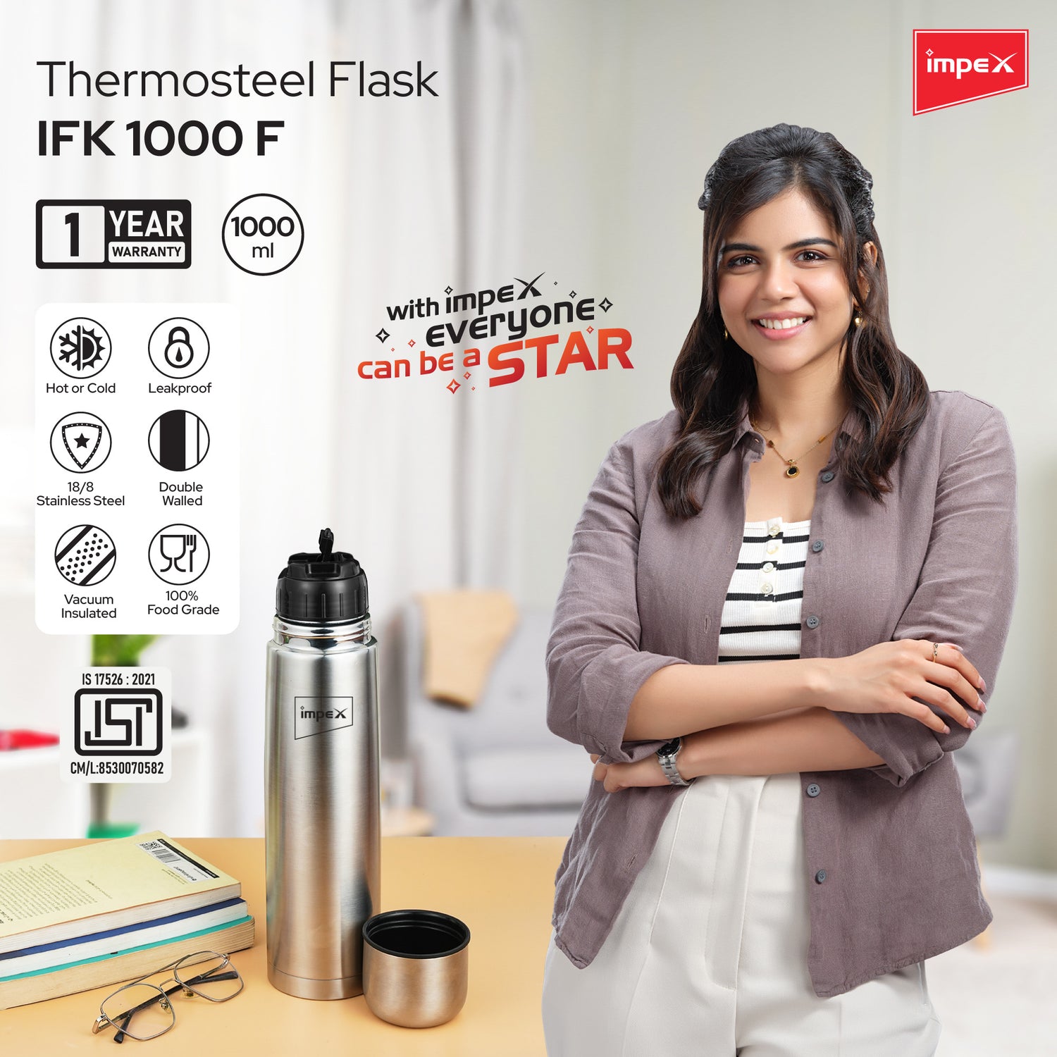 Impex IFK 1000F Thermosteel Flask, 1000 ml, Double Walled, Hot & Cold Compatible, with Flip Lid and 1-Year Warranty