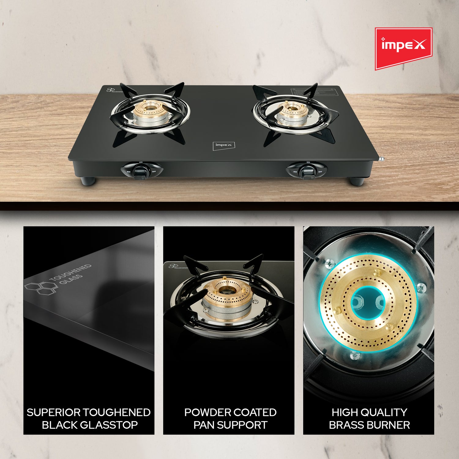 IMPEX SPECTA 2B NEO Glass Top Gas Stove | 2 Burner LPG Stove with Toughened Glass | Stainless Steel Body