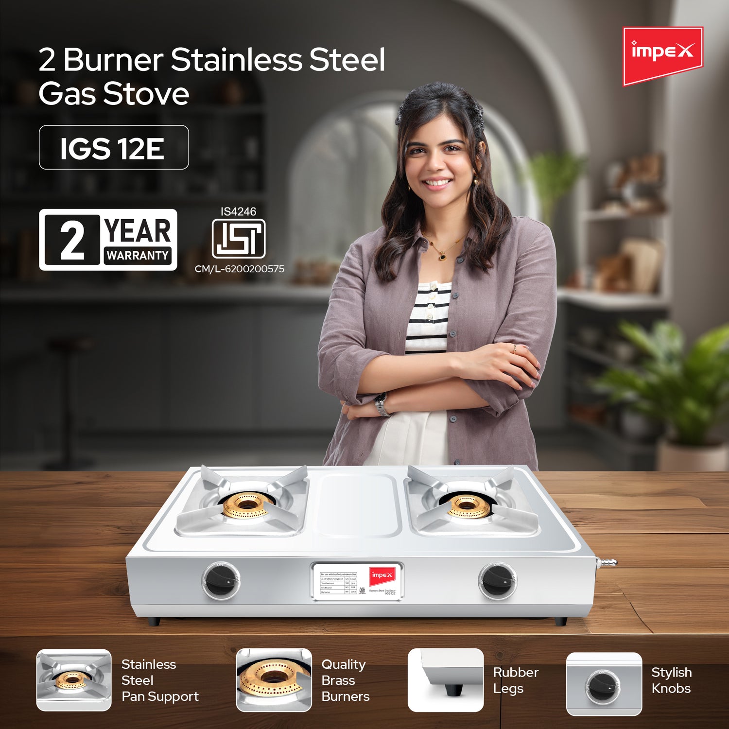 Impex IGS 12E Two-Burner Toughened Glass Top Gas Stove with Tri-Pin Brass Burners and ISI Certification
