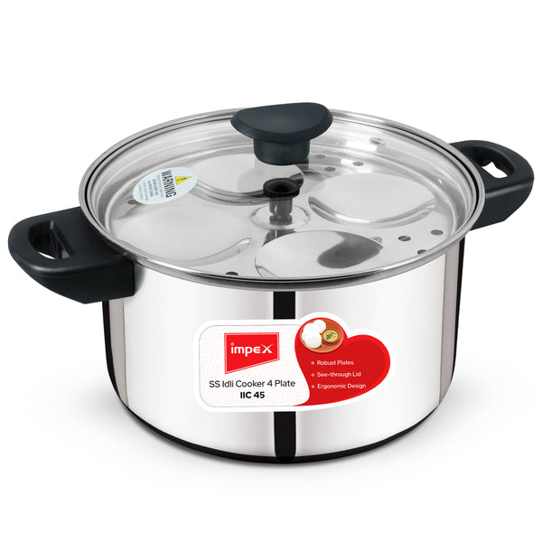 IIC 45 Stainless Steel Idli Cooker | 4.5 Litre | Induction Compatible | Glass Lid | 1 Year Warranty