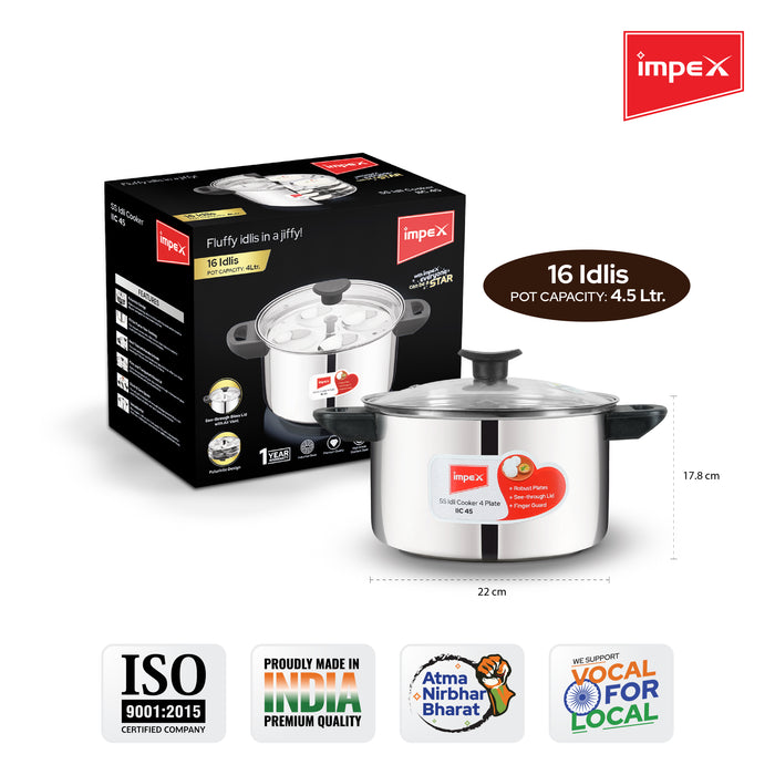 Impex Idli Cooker (IIC 45) – 4.5L, Stainless Steel, Non-Stick, Induction Friendly with Glass Lid