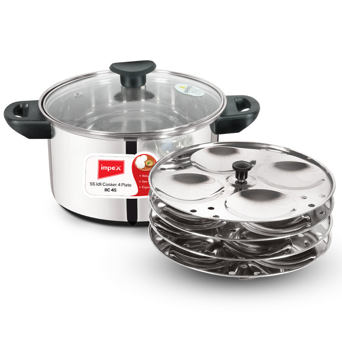 Impex Idli Cooker (IIC 45) – 4.5L, Stainless Steel, Non-Stick, Induction Friendly with Glass Lid