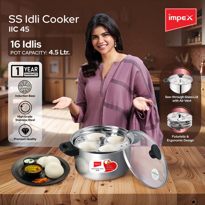 Impex Idli Cooker (IIC 45) – 4.5L, Stainless Steel, Non-Stick, Induction Friendly with Glass Lid