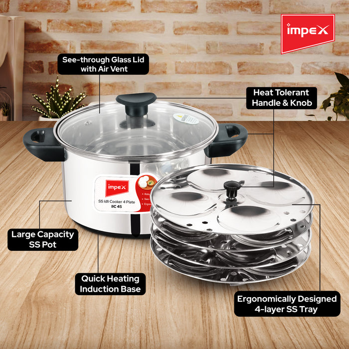 Impex Idli Cooker (IIC 45) – 4.5L, Stainless Steel, Non-Stick, Induction Friendly with Glass Lid