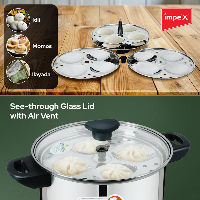 Impex Idli Cooker (IIC 45) – 4.5L, Stainless Steel, Non-Stick, Induction Friendly with Glass Lid