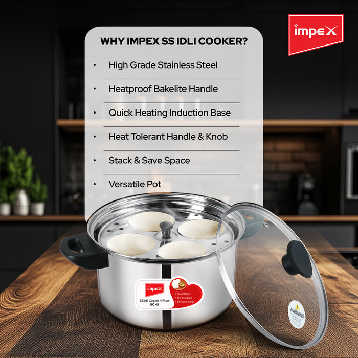 Impex Idli Cooker (IIC 45) – 4.5L, Stainless Steel, Non-Stick, Induction Friendly with Glass Lid