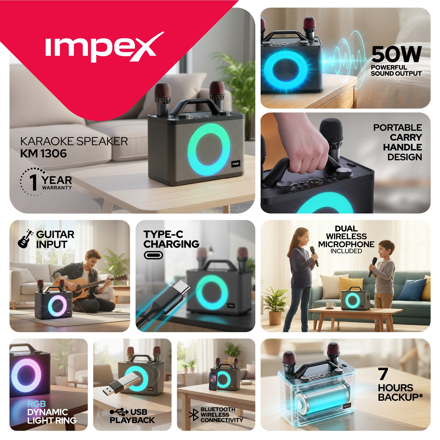 Impex KM1306 50W RMS Portable Karaoke Speaker with Dual Rechargeable Wireless Microphones and Bluetooth Connectivity