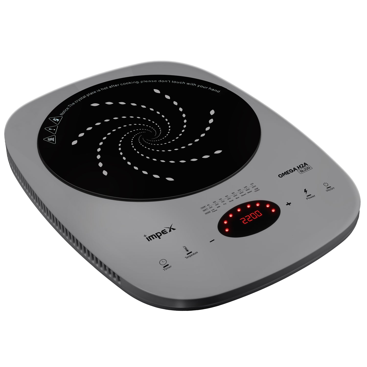 Impex OMEGA H2A SL220 GREY Induction Cooker with Powerful 2200W Fast Cooking and Crystalline Glass Top