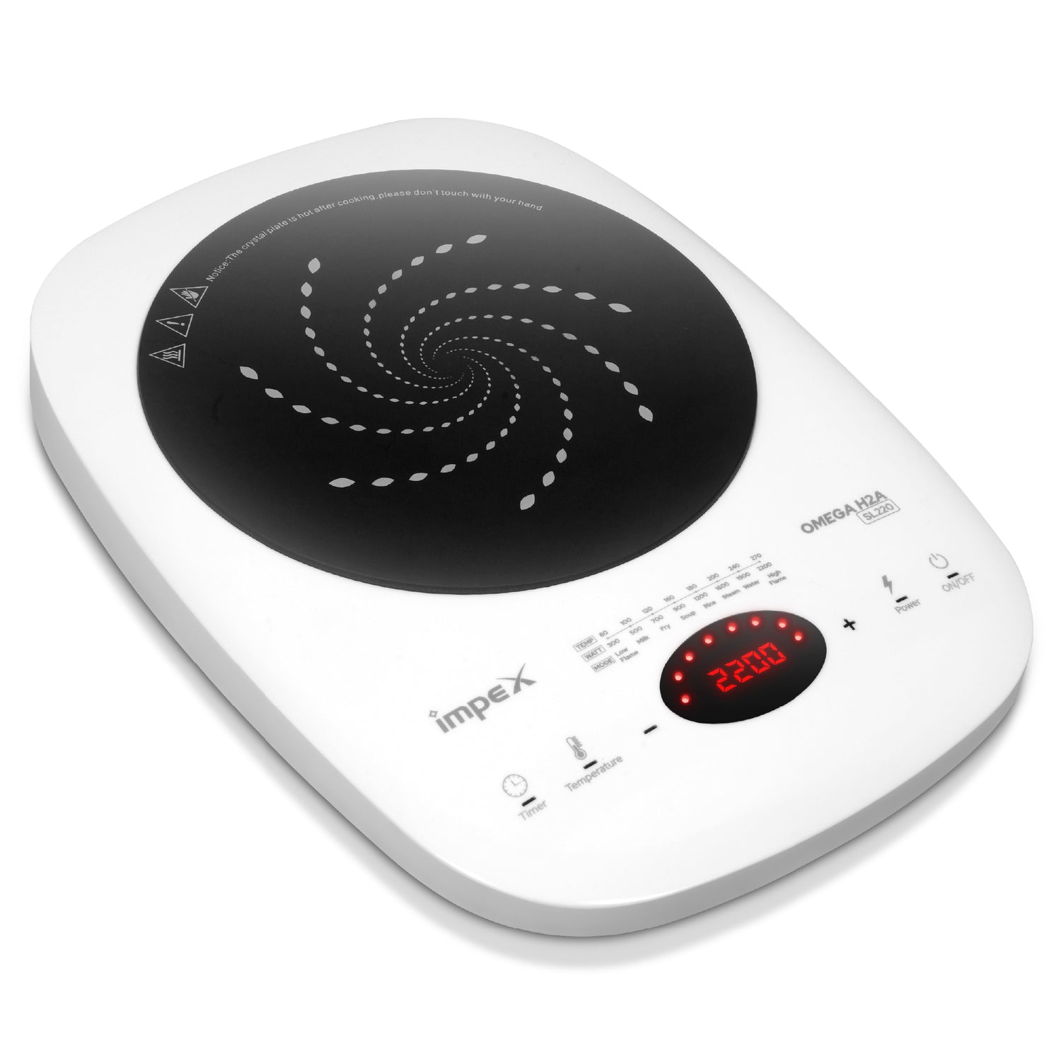 Impex OMEGA H2A SL220 WHITE Induction Cooker with Powerful 2200W Fast Cooking and Crystalline Glass Top
