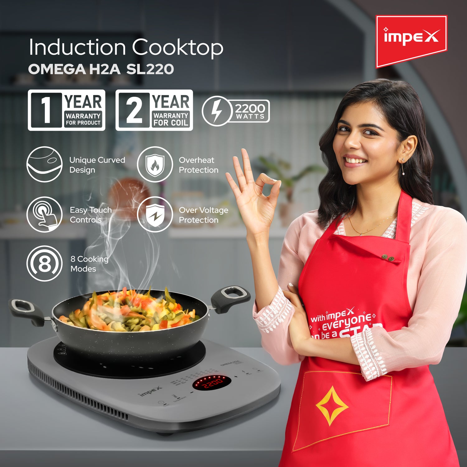 Impex OMEGA H2A SL220 GREY Induction Cooker with Powerful 2200W Fast Cooking and Crystalline Glass Top
