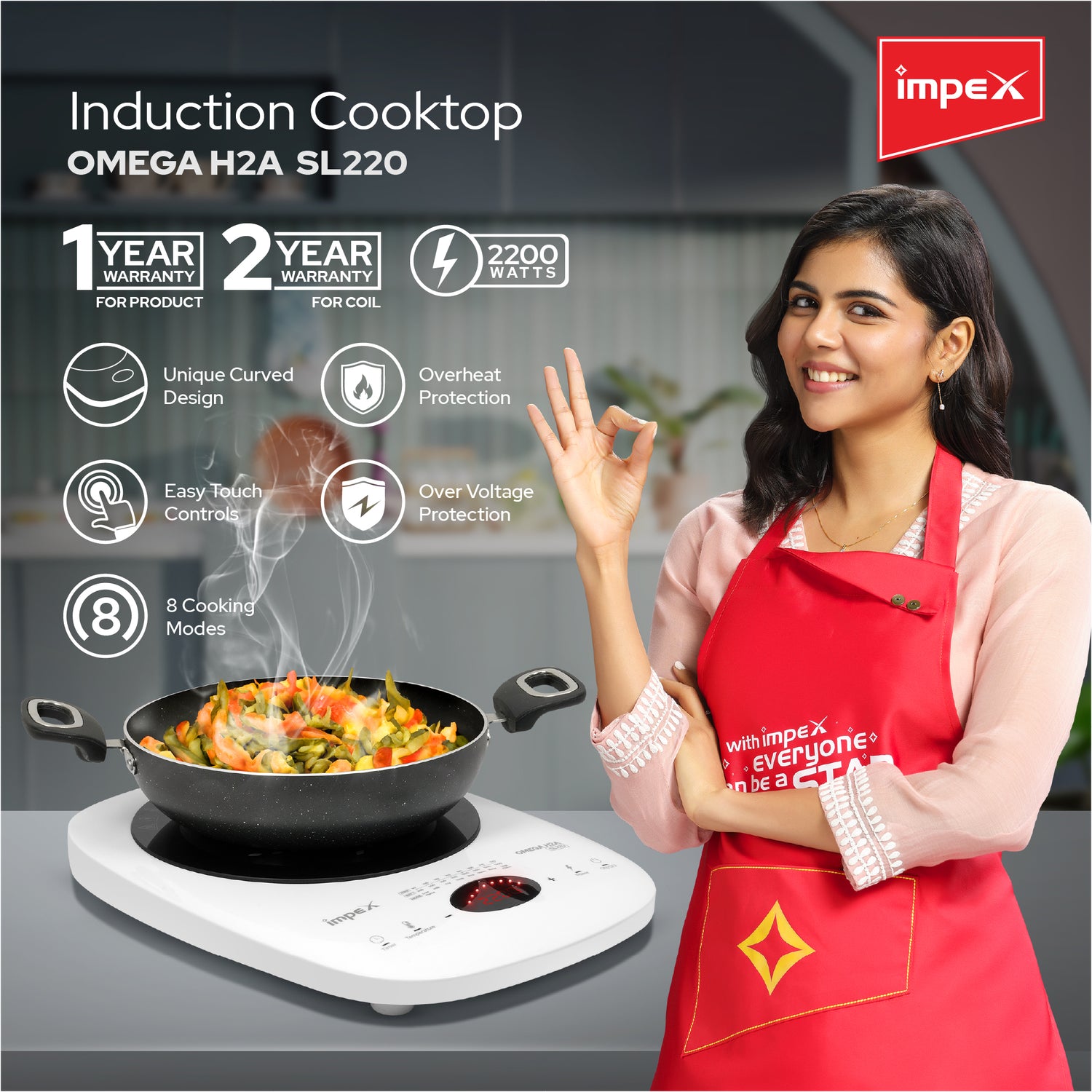 Impex OMEGA H2A SL220 WHITE Induction Cooker with Powerful 2200W Fast Cooking and Crystalline Glass Top