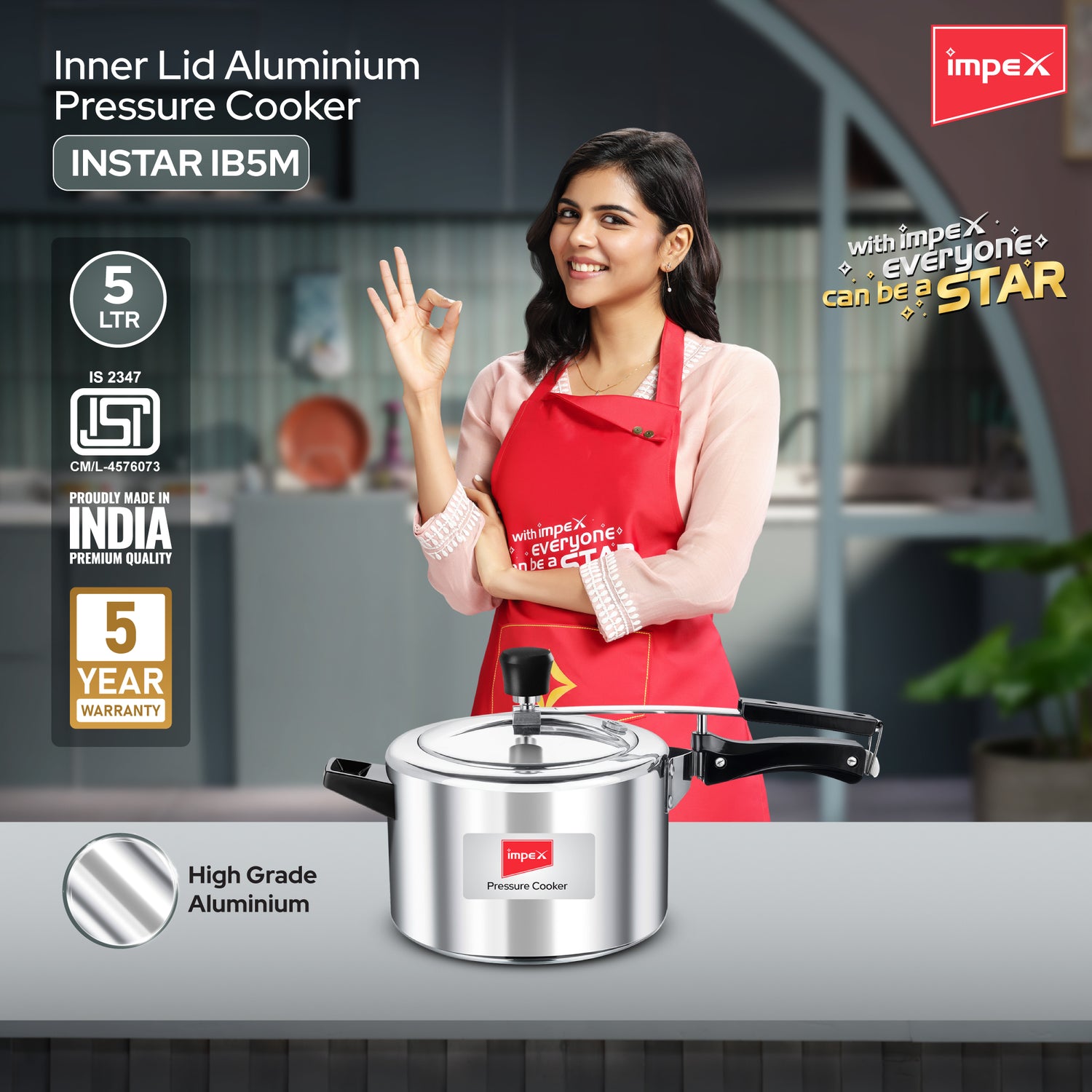 Impex INSTAR IB5M Aluminium Inner Lid Pressure Cooker, 5 Litre, Induction Compatible, with 5-Year Warranty