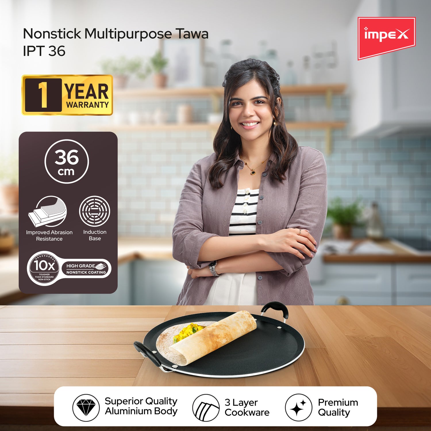 Impex IPT 36 Black 36 cm Aluminium Non-Stick Pathiri Tawa with Induction Bottom and 1-Year Warranty