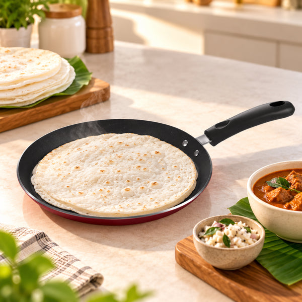 ITP-2620 26cm Nonstick Pathiri Pan (Maroon) | Aluminium Tawa with Teflon Coating | PFOA-Free | Induction Base | Heat-Resistant Bakelite Handle