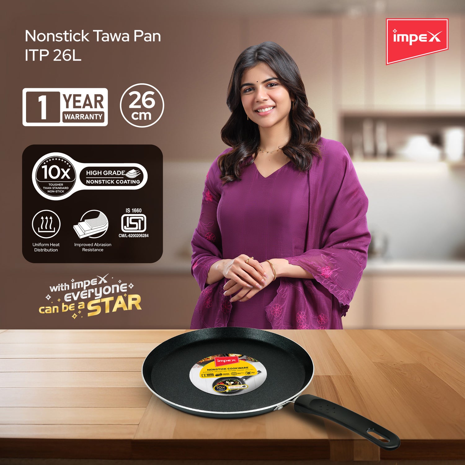 Impex ITP 26L 26 cm Non-Stick Tawa Pan with Induction Base and High-Grade Aluminium Body