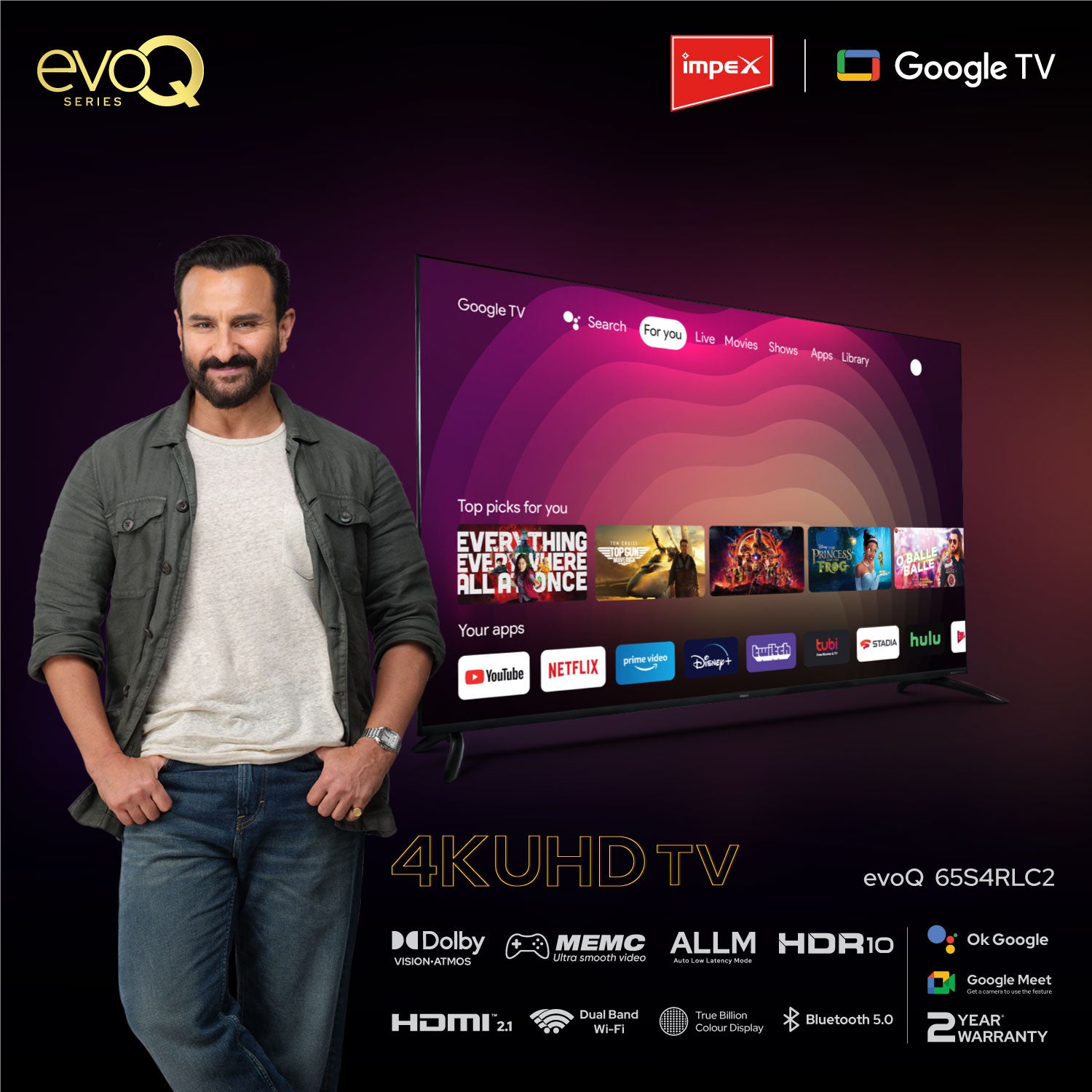 Impex evoQ 65S4RLC2 Android 11 LED Google TV 164 cm (65 Inches), 2 Years Warranty, Storage Memory 16GB and 2 GB RAM (Black)
