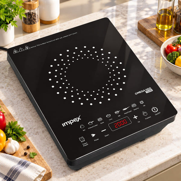 OMEGA H6A TX200 2000W Induction Cooktop | Crystalline Glass Top | 8 Pre-Programmed Cooking Modes | Easy Touch Control | 4-Digit LED Display | Overheat Protection | Auto Shut-Off | 1 Year Warranty