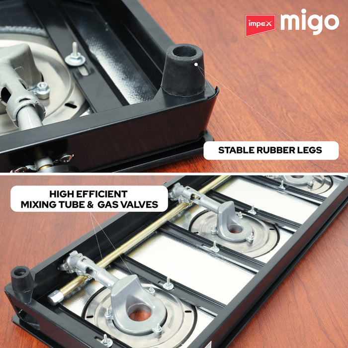 Impex Migo 3 Burner Gas Stove 6 mm Toughened Glass Top LINEA 3B, 1 Year Warranty (Black)