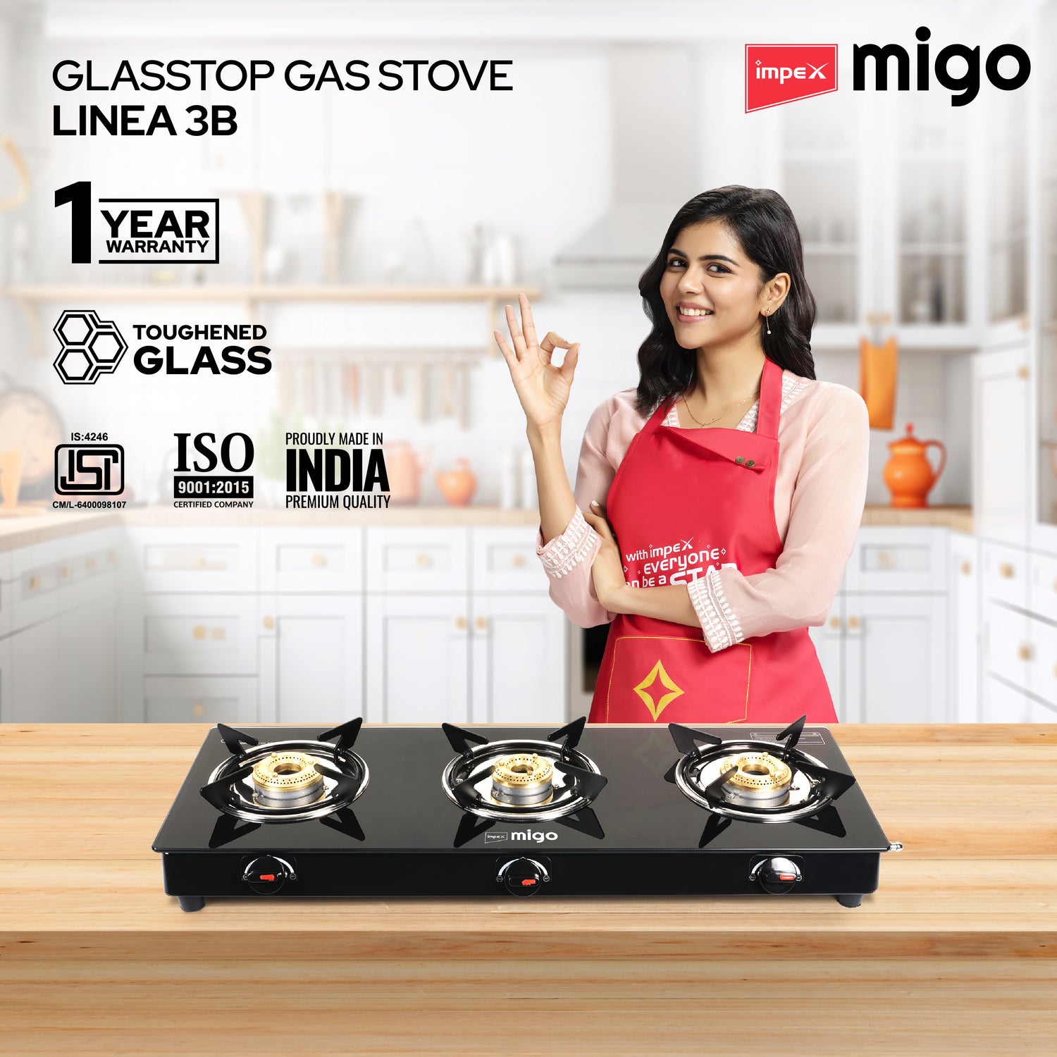 Impex Migo 3 Burner Gas Stove 6 mm Toughened Glass Top LINEA 3B, 1 Year Warranty (Black)