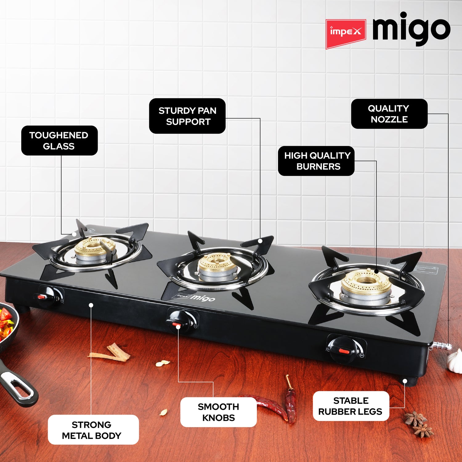 Impex Migo 3 Burner Gas Stove 6 mm Toughened Glass Top LINEA 3B, 1 Year Warranty (Black)