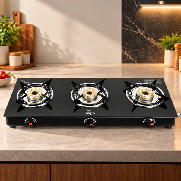 LINEA 3B 3 Burner Gas Stove | 6mm Toughened Glass Top | Manual Ignition | ISI Certified | 1-Year Warranty