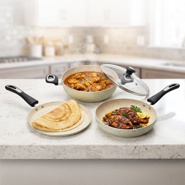 MIGO 4-Piece Granite Cookware Set | 24cm Tawa, Fry Pan & Kadai with Glass Lid | 5-Layer Super Granite Nonstick | Induction Compatible